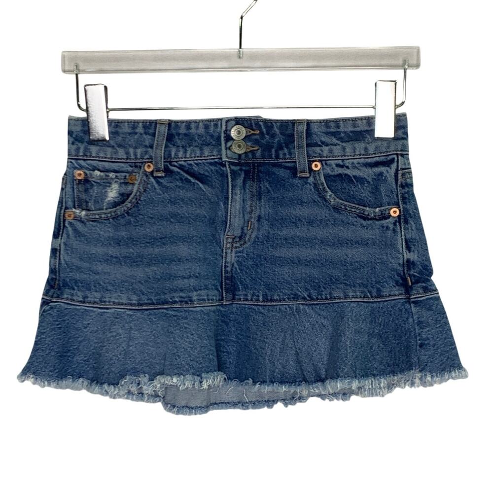American Eagle Micro Mini Denim Skirt 00 Low Rise Y2K 90s Jean Ruffle Coquette